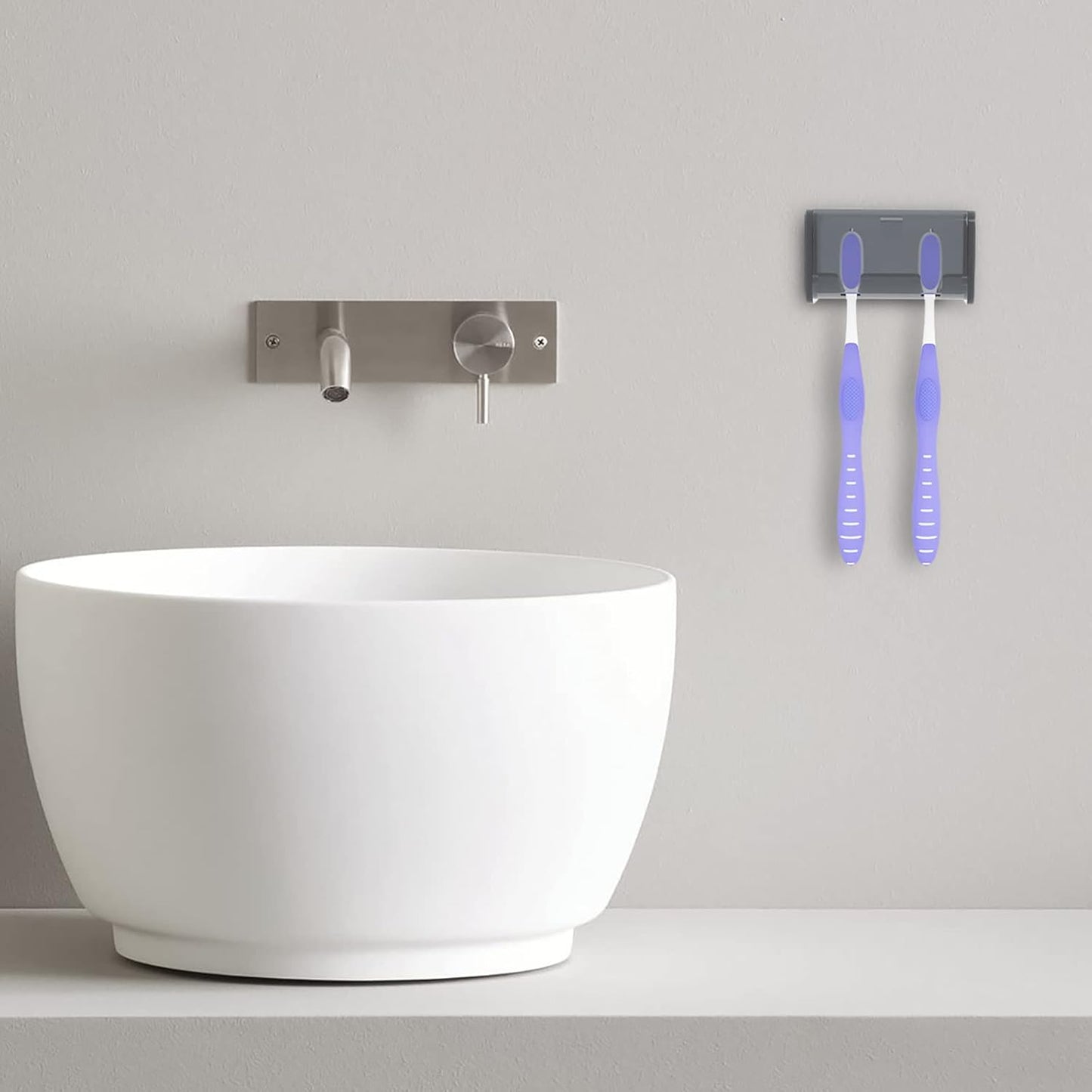 Toothbrush Holder Wall Mounted with Cover for Bathroom, 2 Slots Toothbrush Storage Organizer for Shower, Self Adhesive Toothbrush Hanger Rack for Dorm, Cabinet (Grey)