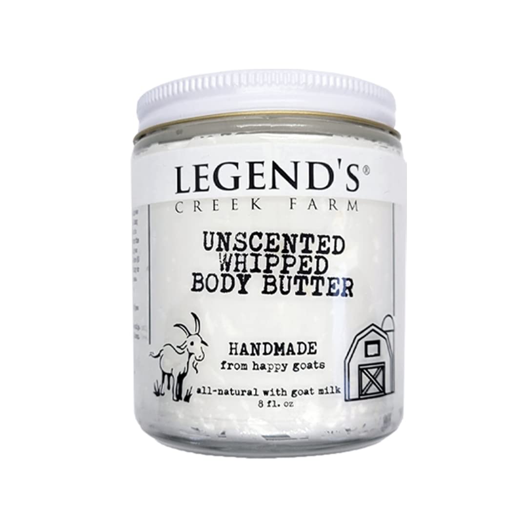 Legend's Creek Farm, Goat Milk Body Butter - Hydrating Natural Body Moisturizer with Organic Shea Butter & Grape Seed Oil - 8 Oz Purifying & Toning Whipped Body Butter (Unscented)