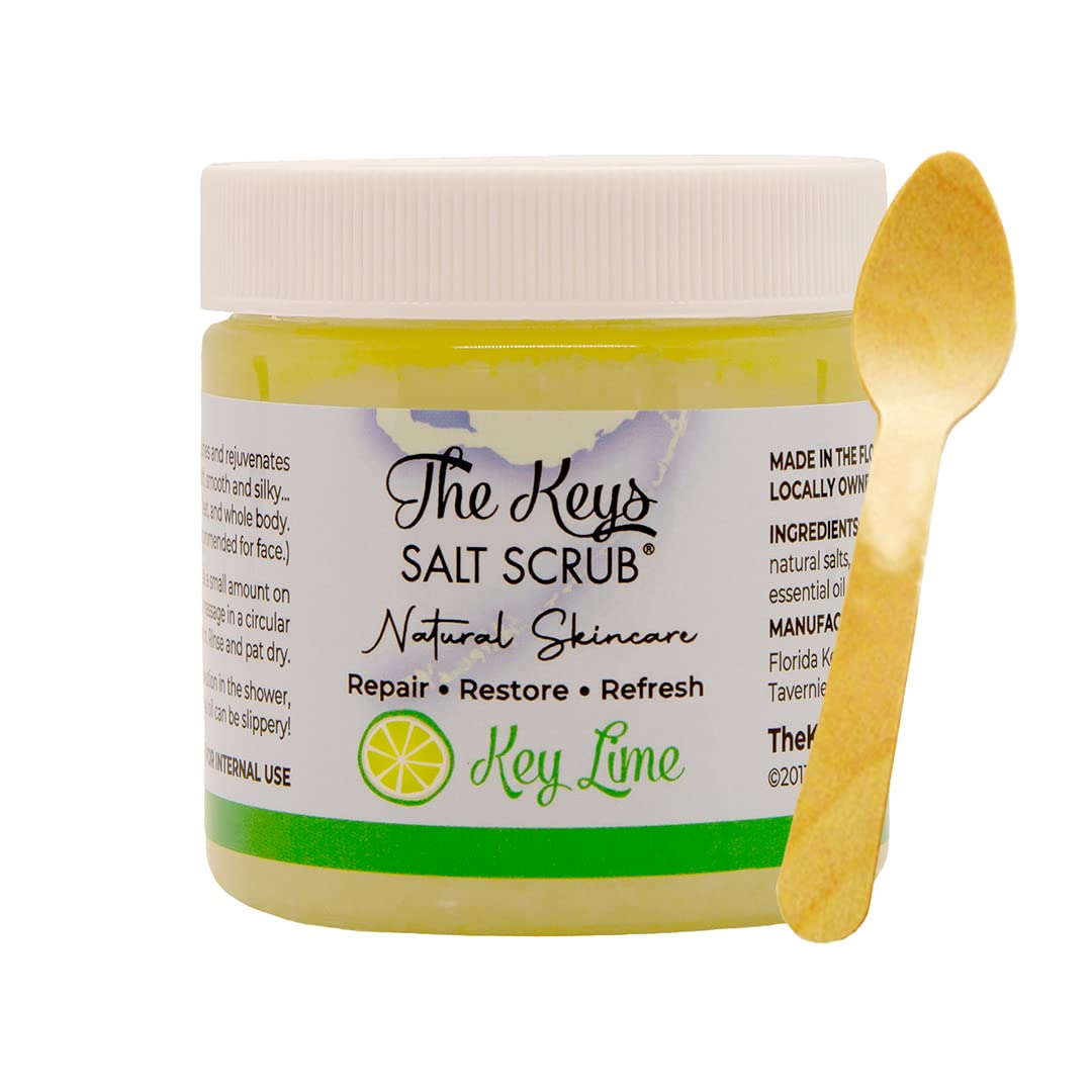 The Keys Salt Scrub -Sea Salt Scrub - Exfoliating Body Scrub with Wooden Spoon - Moisturizing Exfoliator for Hands, Foot, Bath, (3.4 Ounce (Pack of 3), Key Lime)