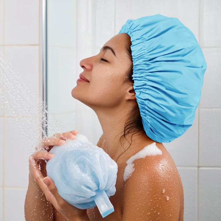Reusable Shower Cap for Women, Large Waterproof Shower Bonnet Washable Elastic Band Bath Hair Hat for Long Hair, Braids(Lake Blue)