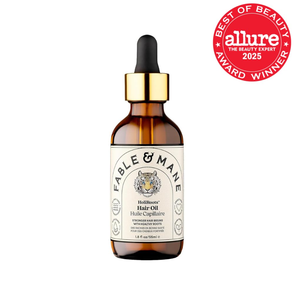 Fable and Mane Hair Oil - HoliRoots Strengthening Serum for Damaged, Frizzy Hair with Ashwagandha, Castor Oil & Scalp Treatment - 1.8FL oz