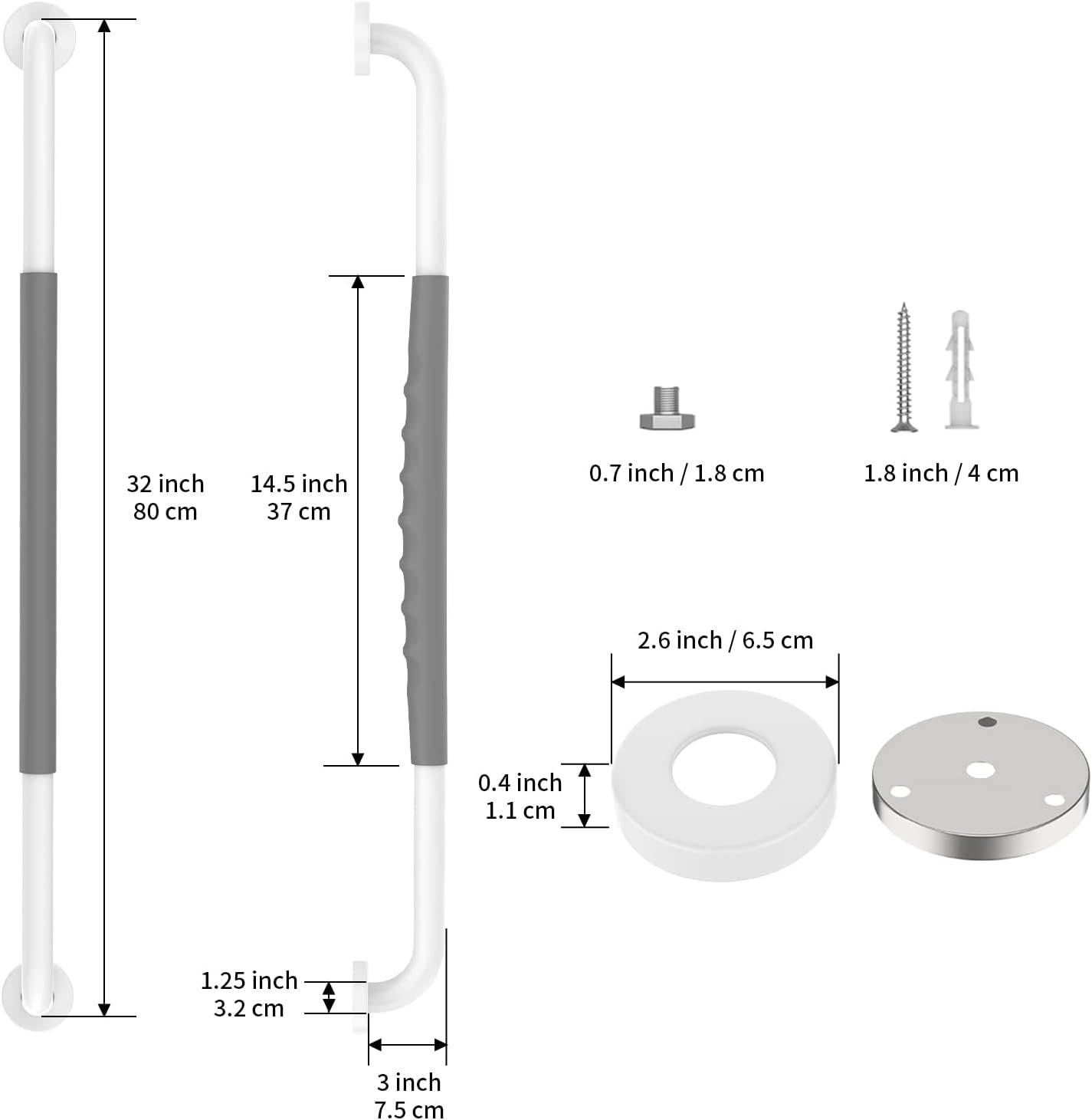 32 Inch Anti Slip Shower Grab Bar, Munzong White Stainless Steel Bathroom Grab Bar w/Gray Rubber Grip, Bathroom Balance Bar,Safety Handrail Support,Handicap Elderly Senior Assist Bath Handle