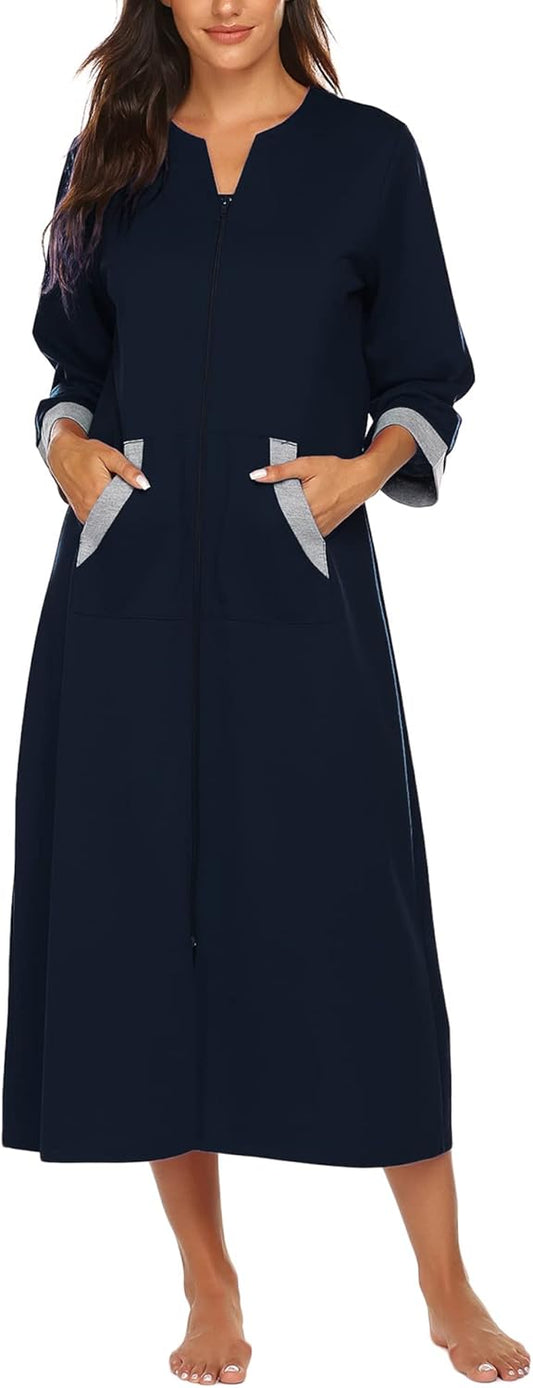 Ekouaer Women Zipper Robe 3/4 Sleeves Loungewear Dress Full Length Sleepwear Pockets Housecoat Nightgown Long Bathrobe
