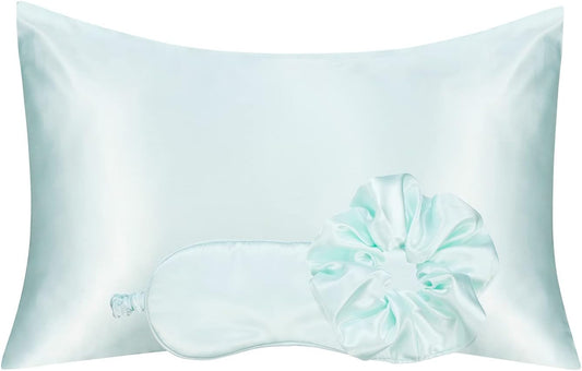 Vegan Silk Sleep Set, Silky Pillowcase with Large Scrunchie and Eye Mask for Hair and Skin, Self Care Essential Satin Night Routine Kit (Mint Blue Color)