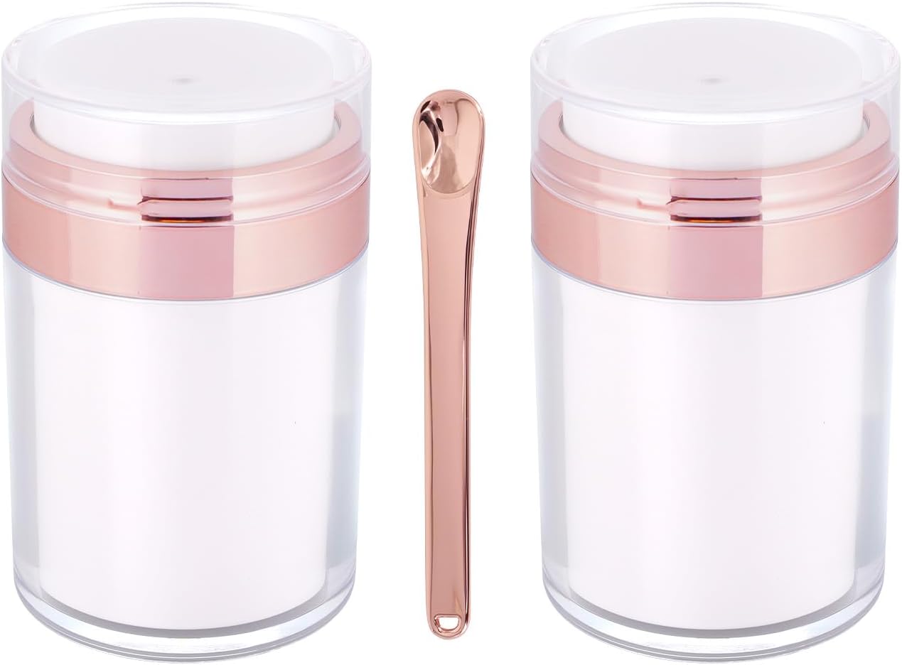 2Pack Airless Pump Jars with Cosmetic Spatula, 3.5 oz Empty Refillable Cosmetic Air Pump Jars Bottles Airless Lotion Cream Dispenser Portable Travel Makeup Containers (Rosegold)