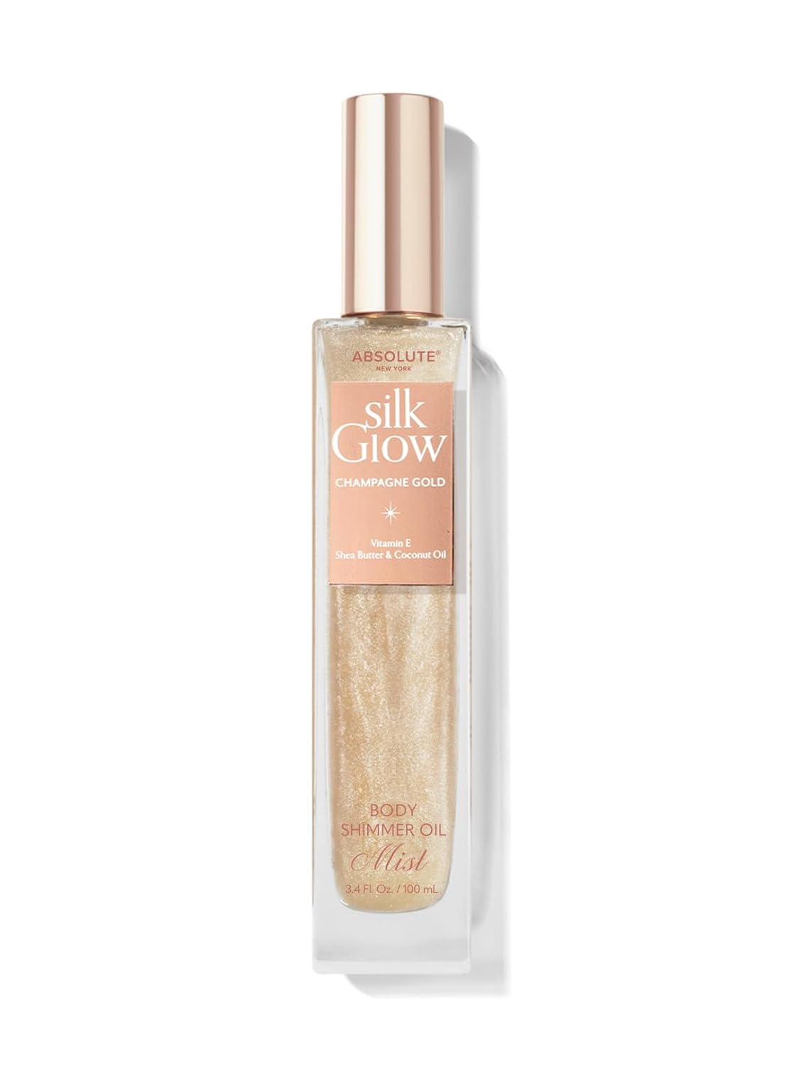 Absolute New York - Silk Glow Shimmer Mist Glow, Radiant, Shimmer Body & Face & Hair, Shea Butter, Coconut Oil, Vitamin E (SBGS03 Champagne Gold Mist, 3.4 fl oz)