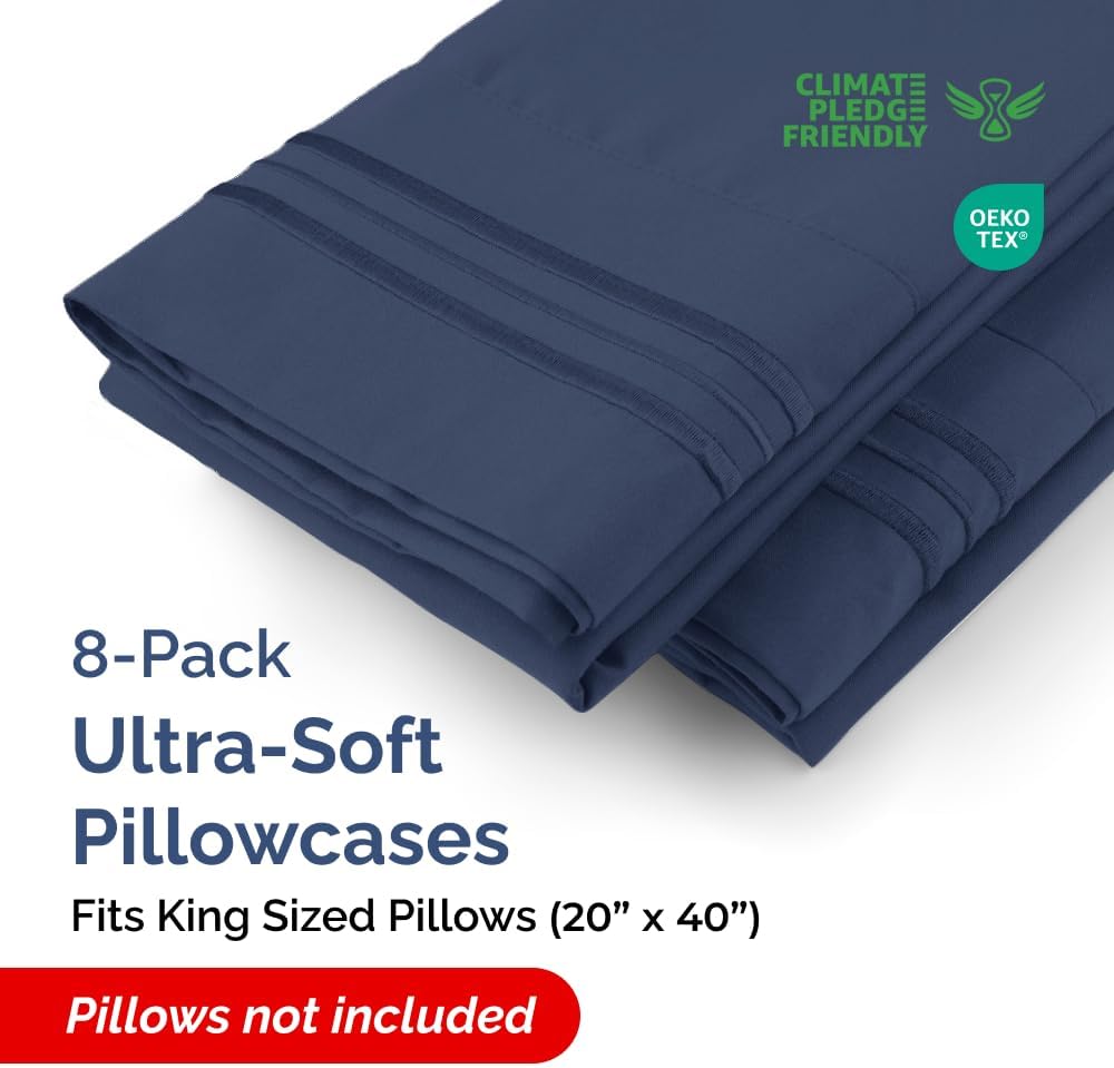King Pillow Cases Set of 8 - Ultra Soft Hotel Quality Pillowcase Covers - Comfy. Cozy & Wrinkle Free - Shrink, Stain and Fade Resistant - Machine Washable Pillow Protectors - 8 Piece Set - Navy Blue