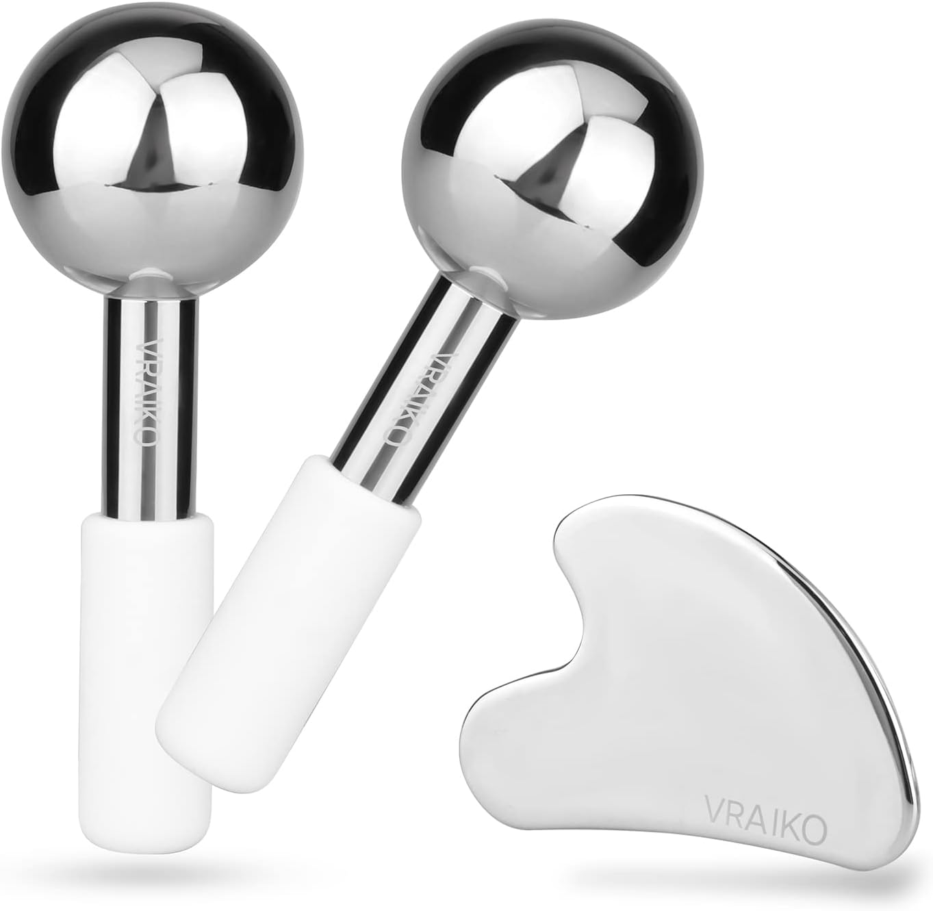 VRAIKO ICE Globes for Facials & Gua Sha Set, Gua Sha Facial Tools and Cryo Sticks with Unbreakable Steel, Face Massager Cooling Rollers for Dark Circles, Puffiness and Lymphatic Drainage (White)