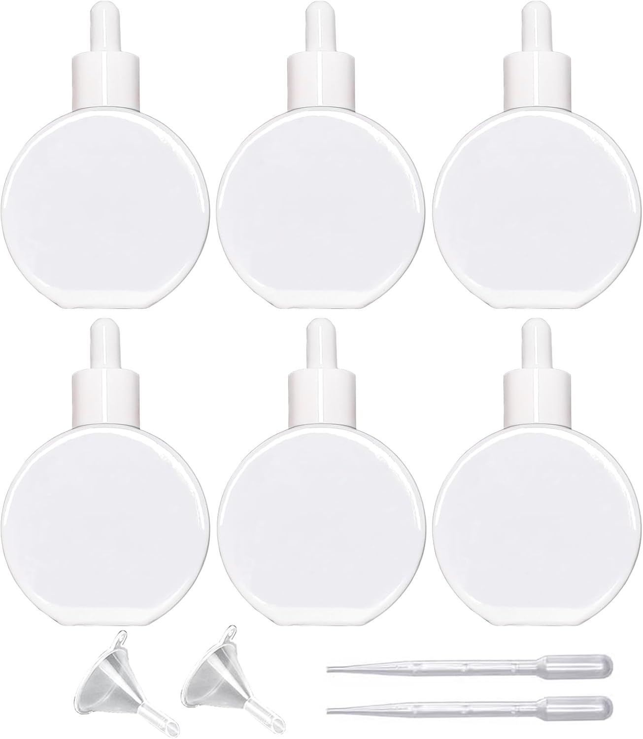 6Pcs 2 oz White Glass Dropper Bottles for Essential Oils,60ml flat round perfume bottle with Eye Droppers,for Essential Oils,Perfumes, Serums - Leakproof for Travel (White)