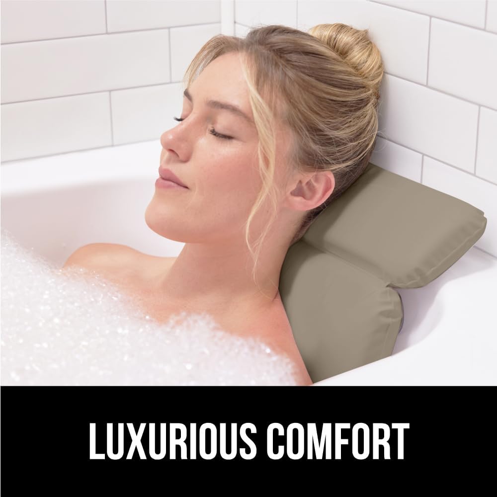 GORILLA GRIP Bath Pillow for Tub, Improved Suction Cups, Luxury Bathtub Pillows, Headrest for Neck and Back Support, Relaxing Home Spa, Hot Tubs and Bathroom Essentials, Gifts for Women, 2 Panel Beige
