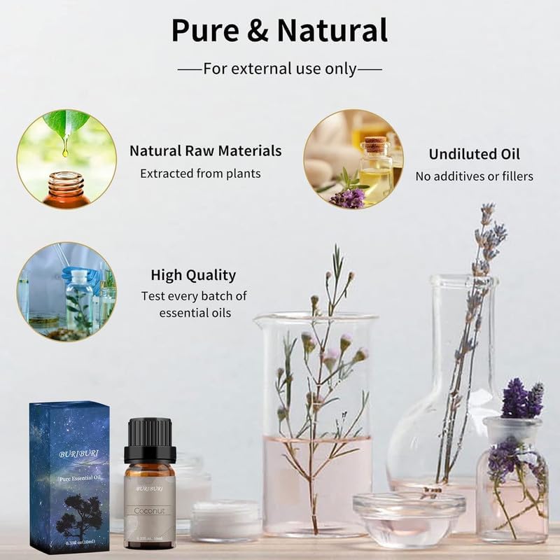BURIBURI Vanilla Essential Oil and Coconut Oil Essential Oil, 2Pack Essential Oil Set, 100% Pure, Natural Essential Oils 10ml for Diffusers, Masage, Candle Making Soap Making