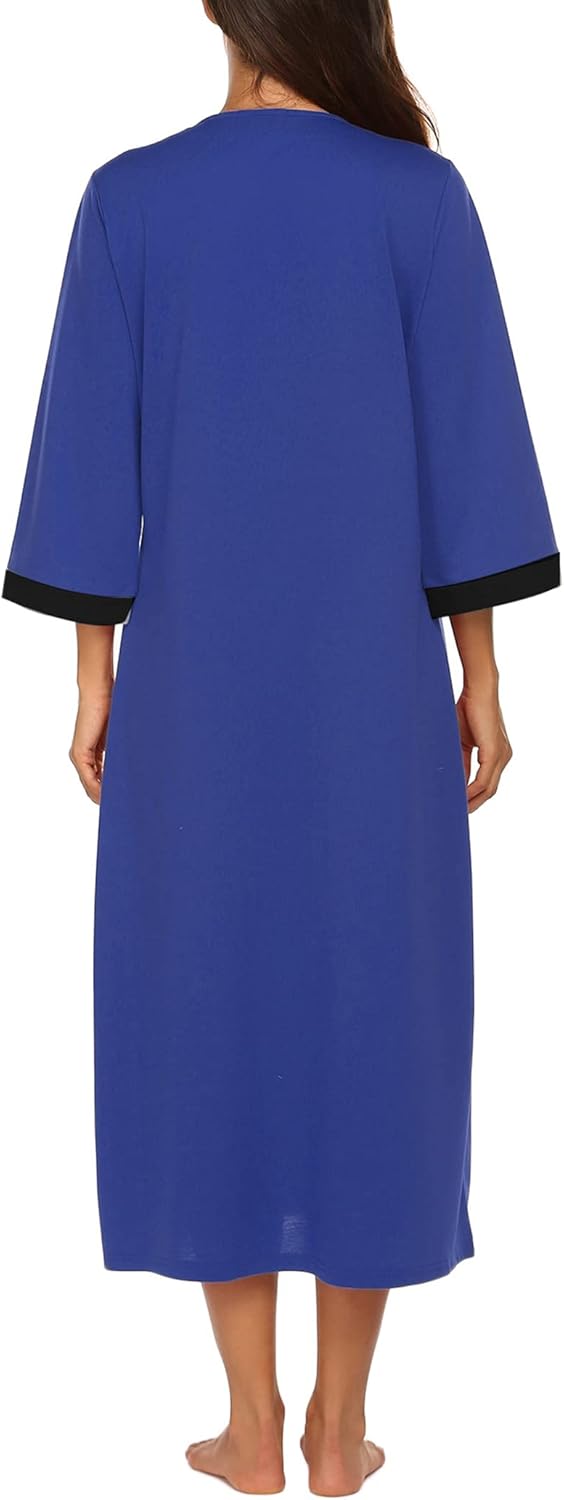 Ekouaer Women Zipper Robe 3/4 Sleeves Loungewear Dress Full Length Sleepwear Pockets Housecoat Nightgown Long Bathrobe