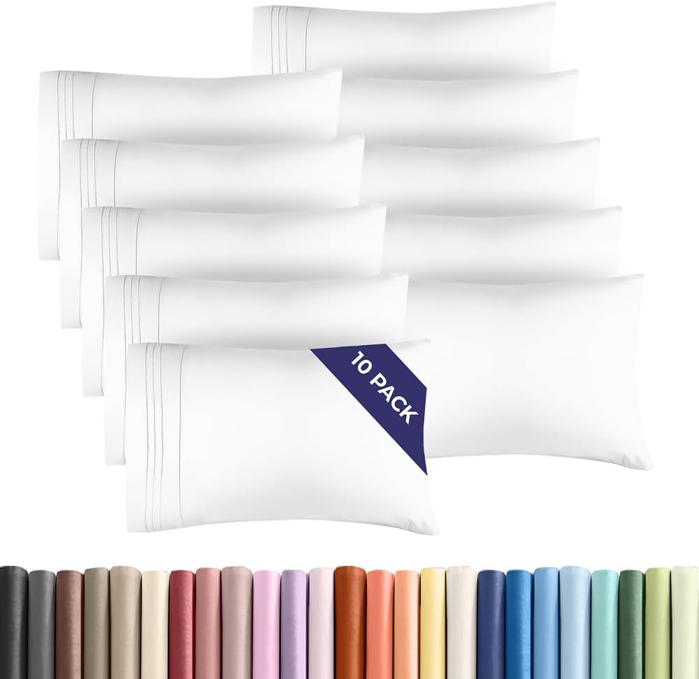 Standard Pillow Cases Set of 10 - Ultra Soft Hotel Quality Pillowcase Covers - Comfy, Cozy & Wrinkle Free - Shrink, Stain and Fade Resistant - Machine Washable Pillow Protectors - 10 Pcs Set - White
