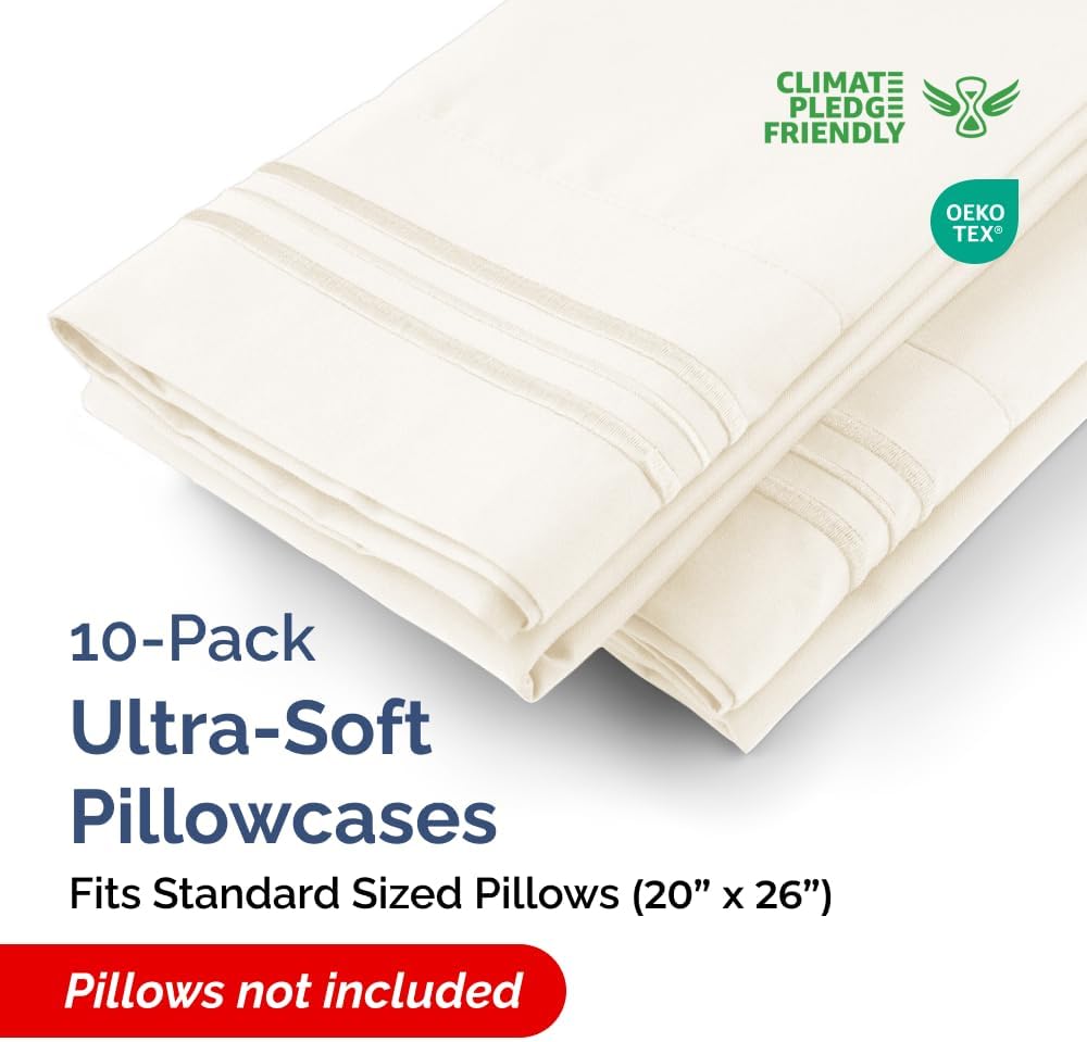 Standard Pillow Cases Set of 10 - Ultra Soft Hotel Quality Pillowcase Covers - Comfy, Cozy & Wrinkle Free - Shrink, Stain & Fade Resistant - Machine Washable Pillow Protectors - 10 Pcs Set - Off White