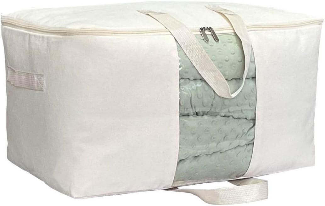 Soft Canvas Clothes Storage Bags with Four Carrying Handles and Clear Window, Closet Organizer for Clothing, Blankets Sheets and Bedding, 55L, Beige