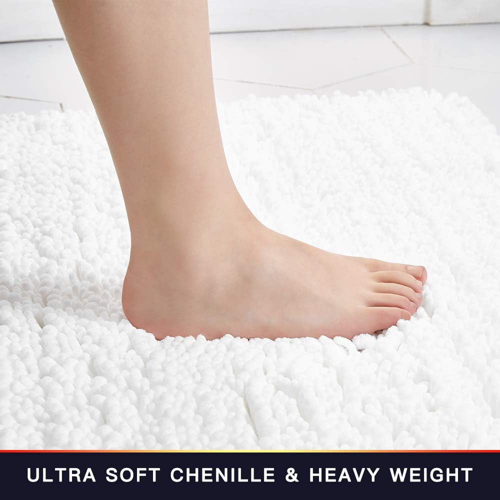 Walensee Bathroom Rug 2 Pieces Set Non Slip Bath Mat (17x24 Plus 20x32 Inch White) Water Absorbent Super Soft Shaggy Chenille Machine Washable Dry Extra Thick Perfect Carpet for Shower Floor