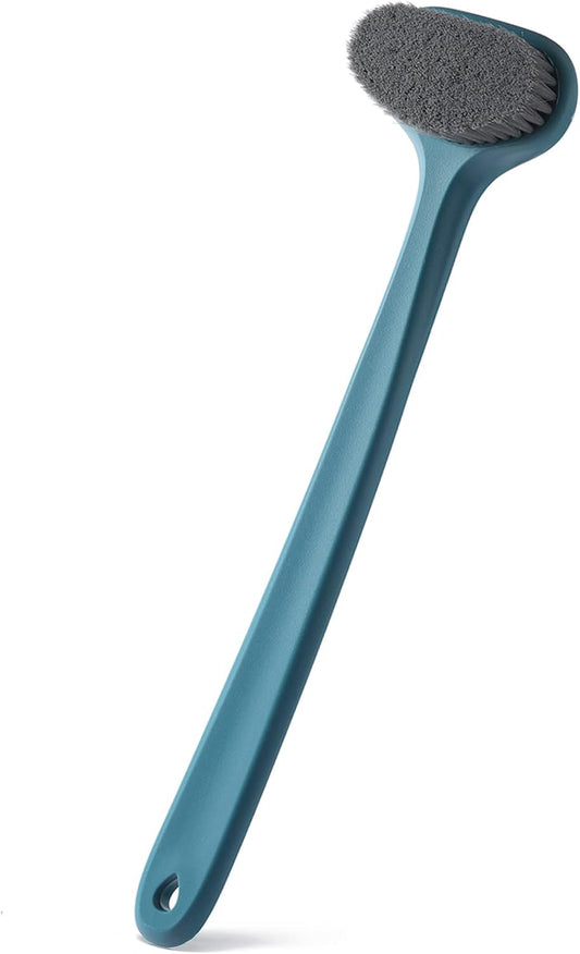 Upgraded Bath Body Brush with Comfy Bristles Long Handle Gentle Exfoliation Improve Skin's Health and Beauty Bath Shower Wet or Dry Brushing Body Brush (14 inch, Dark Blue)