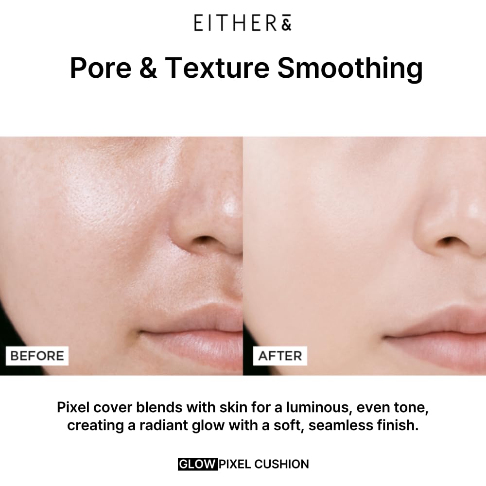 EITHER& Glow Pixel Cushion Foundation, Glowy Skincare, Korean Makeup, Natural Coverage, Moisturizing, Lightweight, Long Lasting Coverage for Flawless Skin (32N Caramel)