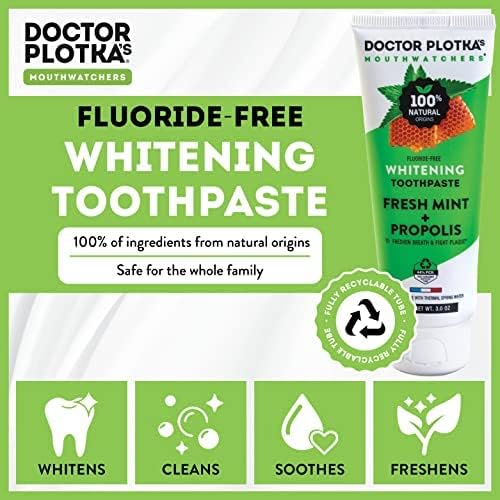 MOUTHWATCHERS Whitening Fluoride Free Naturally Sourced Toothpaste, 3 oz Tube, for Sensitive Teeth and Gums, Organic, SLS Free, Fresh Organic Mint and Propolis, by Dr. Plotka's