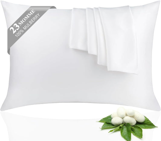 100% Silk Pillowcase 2 Pack for Hair and Skin, Both Sides 23 Momme Grade 6A+ Mulberry Silk Pillowcases with Hidden Zipper, Soft&Smooth Cooling Pillow Cases (White, Standard 20×26)