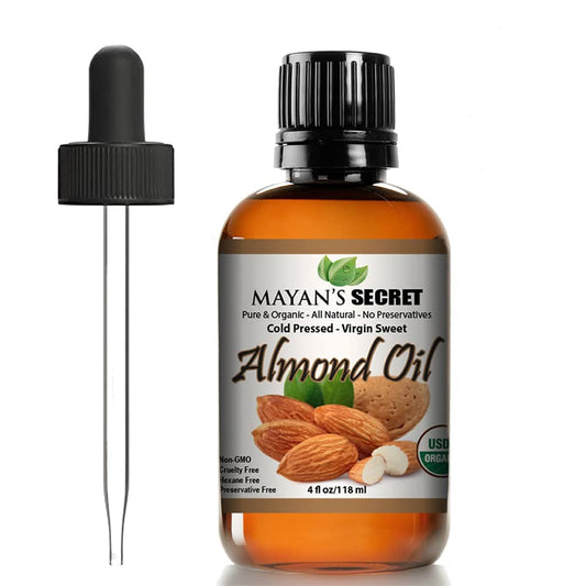 Mayan's Secret - 100% Organic Sweet Almond Oil for Skin Hair, Face - Cold Pressed Pure Almond Essential Oil (4 fl. oz.)