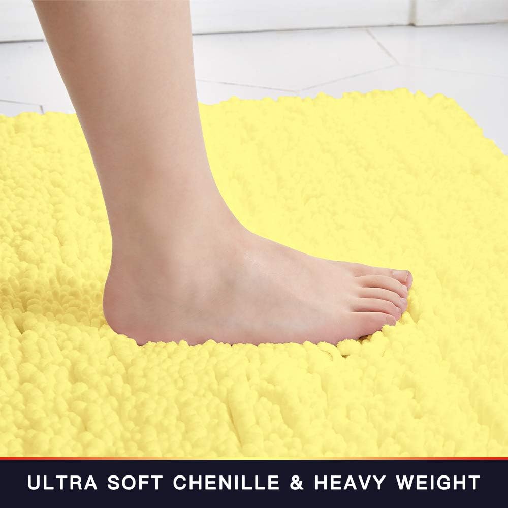 Walensee Bathroom Rug Non Slip Bath Mat (44x24 Inch Yellow) Water Absorbent Super Soft Shaggy Chenille Machine Washable Dry Extra Thick Perfect Absorbant Best Large Plush Carpet for Shower Floor