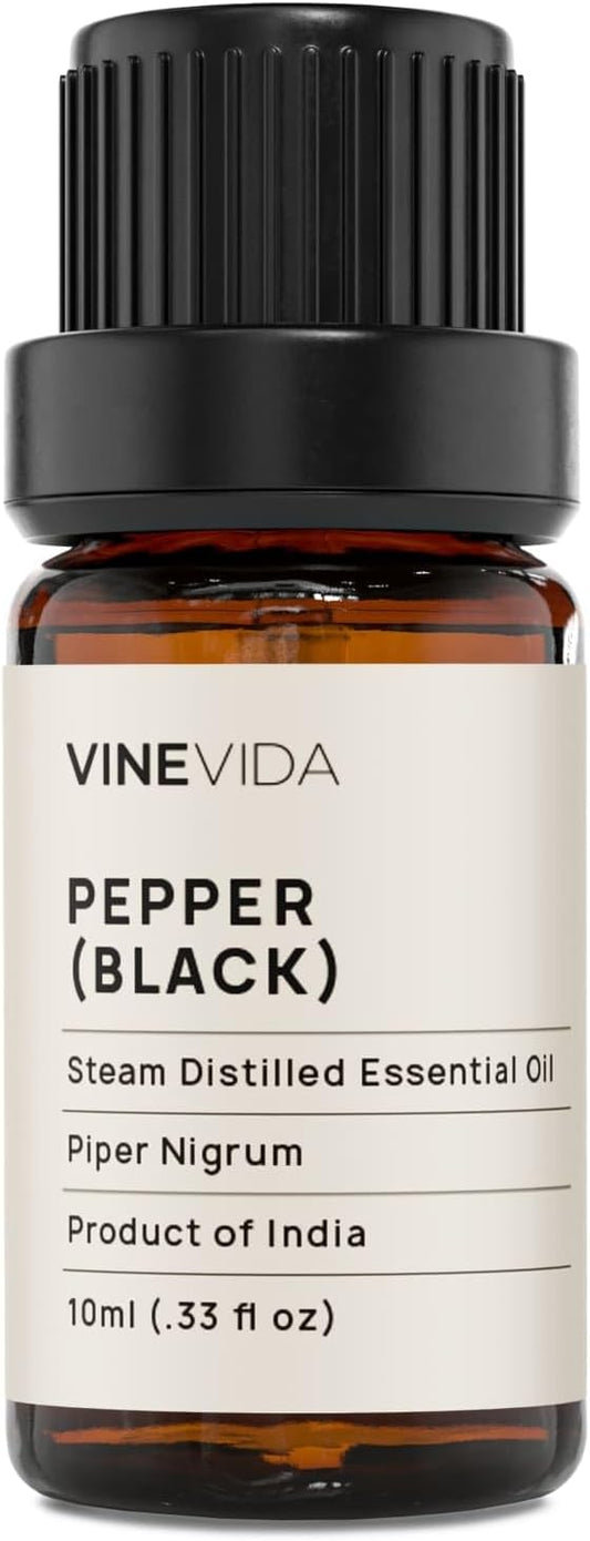 VINEVIDA Black Pepper Essential Oil 10 mL - Undiluted, Pure, Vegan, Reusable Glass Bottle with Euro Dropper