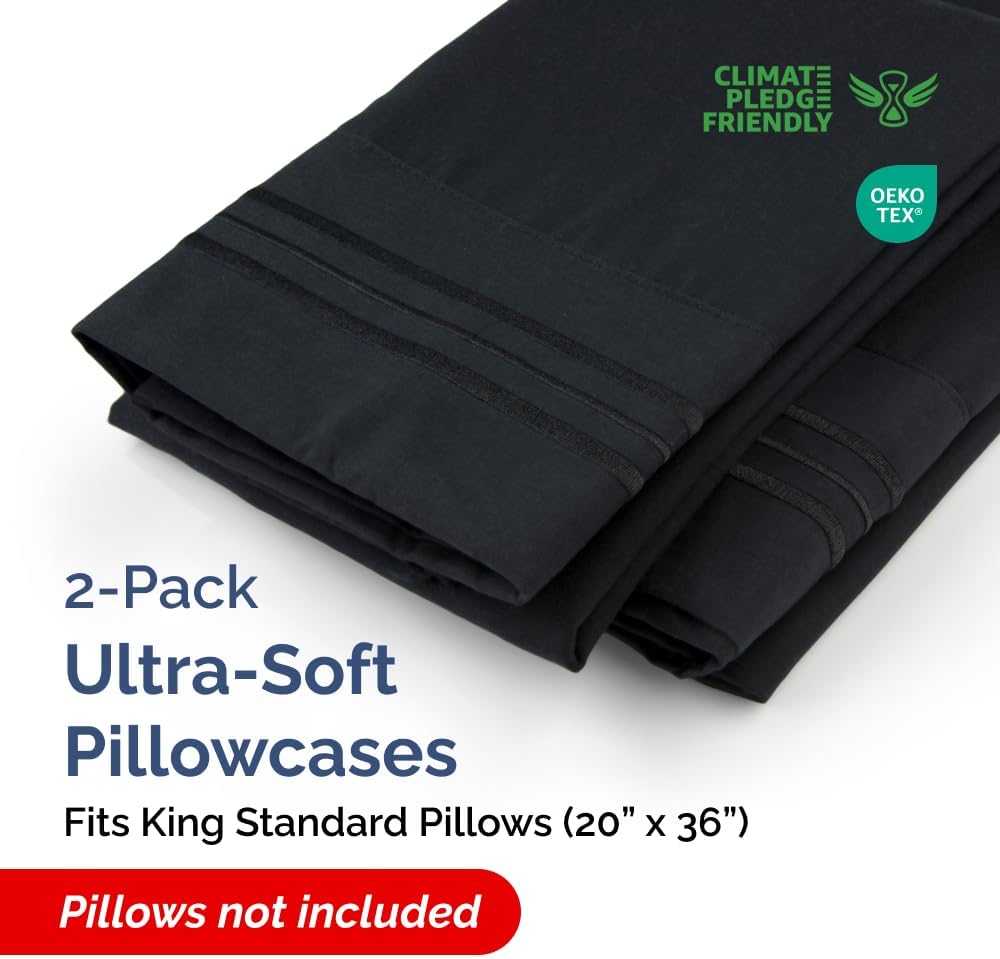 King Standard Pillow Cases Set of 2 - Ultra-Soft Hotel Quality Pillowcase Covers - Comfy, Cozy & Fade Free - Wrinkle Resistant - Machine Washable Pillow Protectors - 2 Piece Set - King Standard Black