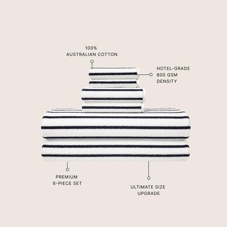 Italic Ultraplush Luxe 6 Piece Towel Set – 2 Bath Sheets, 2 Hand Towels, 2 Washcloths – 800GSM Highly Absorbent & Quick Dry, Resort Grade 100% Australian Cotton Towels, Striped (White & Blue)