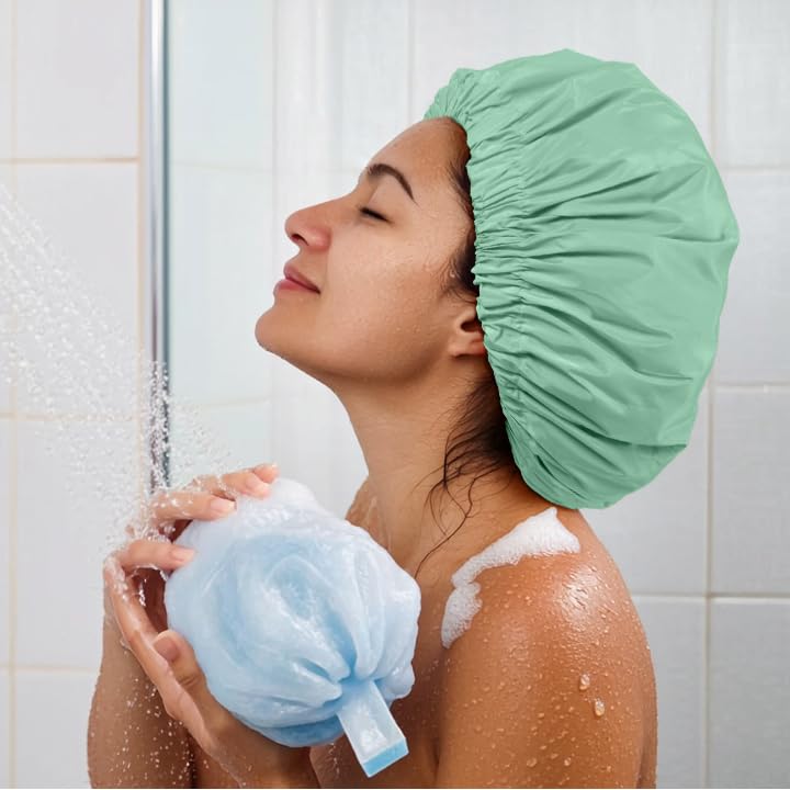 Reusable Shower Cap for Women, Large Waterproof Shower Essentials Bonnet Washable Elastic Band Bath Hair Wrap Hat for Long Hair, Braids(Green Bean)