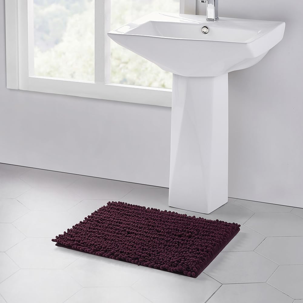 Walensee Bathroom Rug Non Slip Bath Mat (24x17 Inch Burgundy) Water Absorbent Super Soft Shaggy Chenille Machine Washable Dry Extra Thick Perfect Absorbant Best Small Plush Carpet for Shower Floor