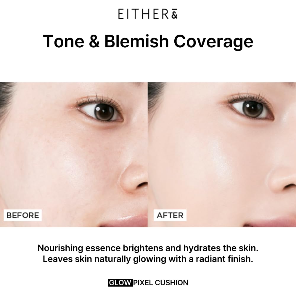 EITHER& Glow Pixel Cushion Foundation, Glowy Skincare, Korean Makeup, Natural Coverage, Moisturizing, Lightweight, Long Lasting Coverage for Flawless Skin (22.5P Dawn)