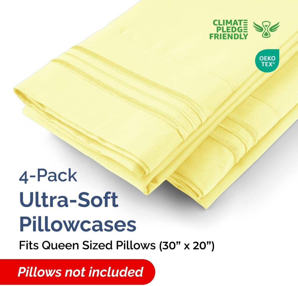 Queen Pillow Cases Set of 4 - Ultra Soft Hotel Quality Pillowcase Covers - Comfy, Cozy & Wrinkle Free - Shrinkage, Stain and Fade Resistant - Machine Washable Pillow Protectors - 4 Piece Set - Yellow