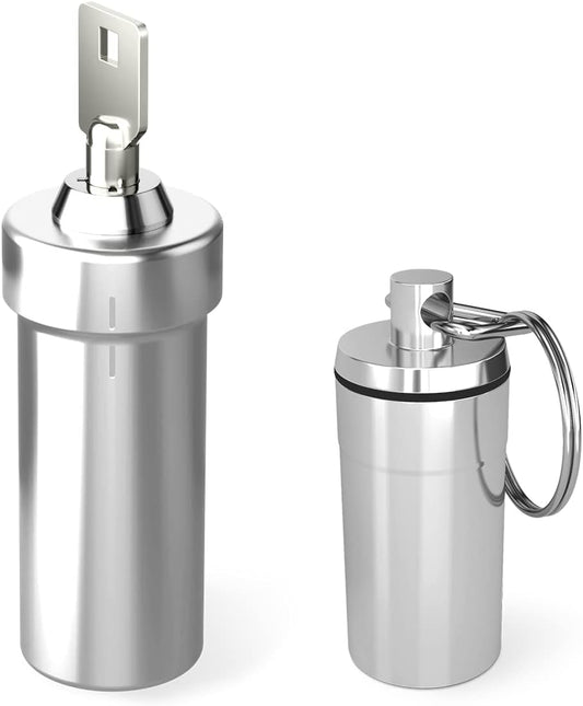 Ezy Dose Lockable Pill Fob and Keychain Bundle, Medicine, Vitamin Container, Safe for Money & Travel Items, Stainless Steel, Small and Large Compartments, 2 Storage Items, BPA Free