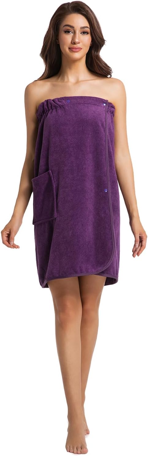 Womens Towel Wrap Bath Robe Lightweight Spa Body Wrap Shower Adjustable Snap Closure Bathrobe