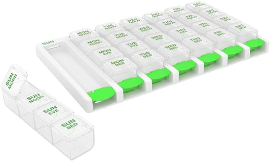 EZY DOSE Weekly (7 Day) 4 Times a Day Push Button Pill Organizer and Vitamin Planner, Removable Daily Pillboxes, Green, Convenient and Easy to Use, Clear Lids, Large, BPA Free