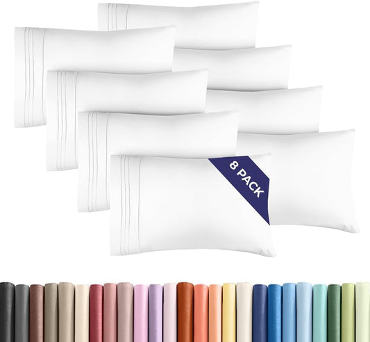 King Pillow Cases Set of 8 - Ultra Soft Hotel Quality Pillowcase Covers - Comfy & Wrinkle Free - Shrink, Stain and Fade Resistant - Easy-Care, Machine Washable Pillow Protectors - 8 Piece Set - White