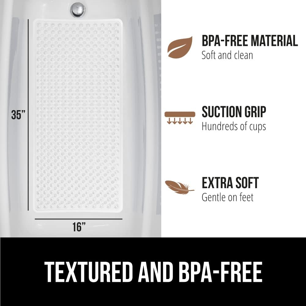 GORILLA GRIP Patented Bath Tub Shower Mat, 2 Pack, Machine Washable Bathtub Floor Liner Mats, Suction Cups and Drain Holes to Keep Tubs Clean, Soft on Feet, Bathroom Essentials, 35x16 Inch, White