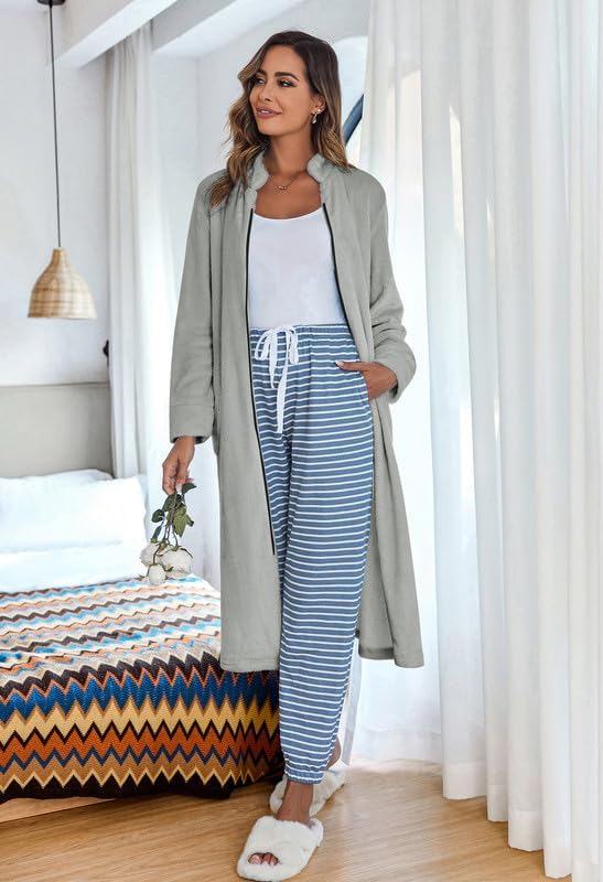 Ekouaer Women's Zip Up Robe Fleece Bathrobe Long Zipper Lounger Warm Housecoat Long Sleeve Nightgown with Pockets S-XXL