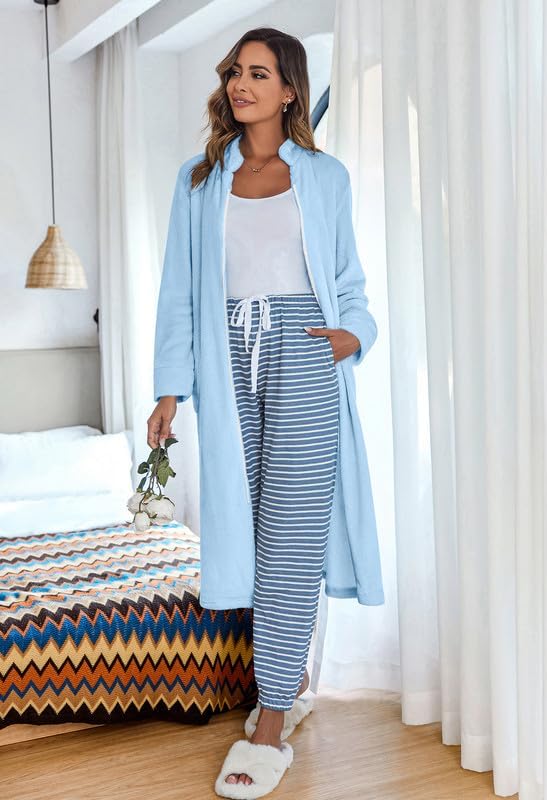 Ekouaer Women's Zip Up Robe Fleece Bathrobe Long Zipper Lounger Warm Housecoat Long Sleeve Nightgown with Pockets S-XXL