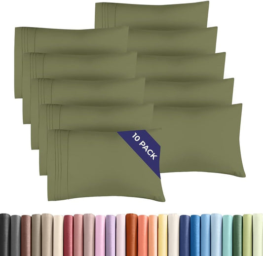 Queen Pillow Cases Set of 10 - Ultra Soft Hotel Quality Pillowcase Covers - Comfy, Cozy & Wrinkle Free - Shrink, Stain & Fade Resistant - Machine Washable Pillow Protectors - 10 Pcs Set - Sage Green