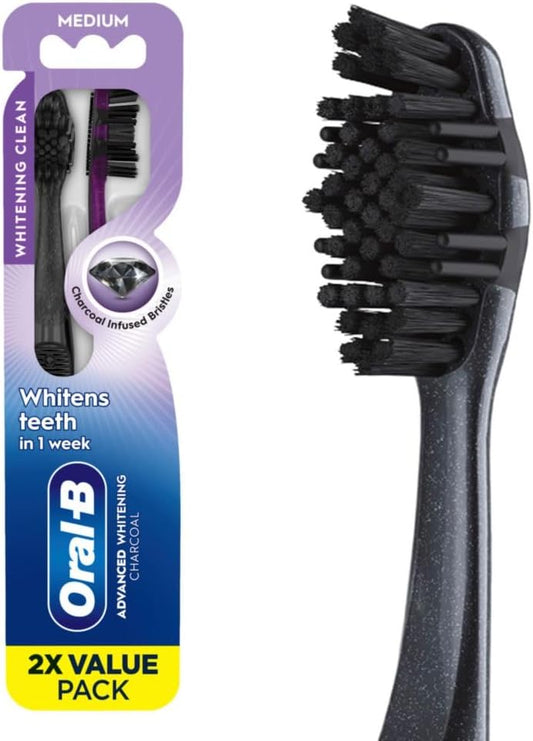Oral-B 3D White Charcoal toothbrush, 2 count MEDIUM manual tootbrush pack, Whitens teeth, removes plaque and stains, tongue scraper tooth brush