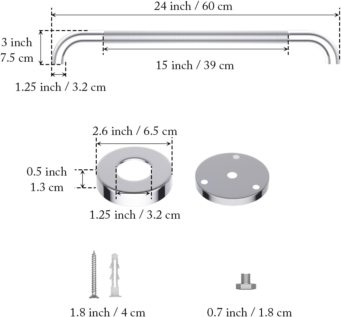 2 Pack 24 Inch Anti Slip Shower Grab Bar 1.25" Diameter,Munzong Stainless Steel Bathroom Grab Bar,Knurled Bathroom Balance Bar,Safety Handrail Support,Handicap Injury Elderly Senior Assist Bath Handle