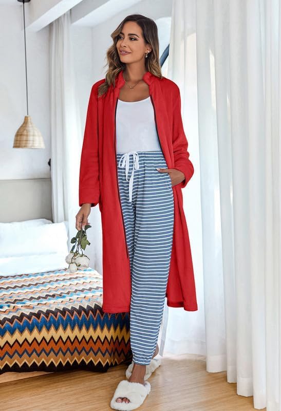 Ekouaer Women's Zip Up Robe Fleece Bathrobe Long Zipper Lounger Warm Housecoat Long Sleeve Nightgown with Pockets S-XXL