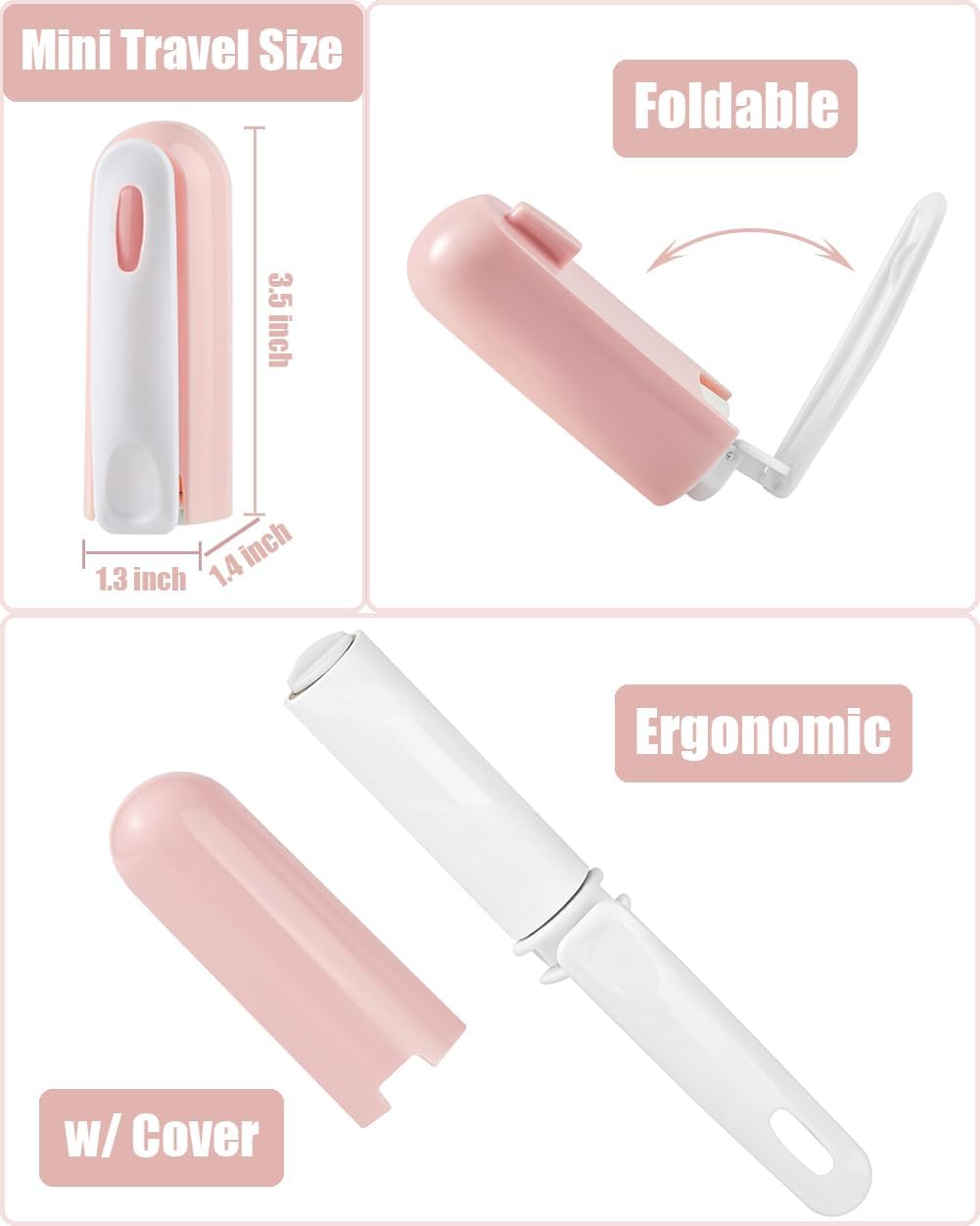 Mini Travel Lint Roller with Cover and 4 Refills Total 150 Sticky Sheets Compact Lint Roller for Purse Pocket Travel Essentials for Clothes Cute Pet Hair Pickup Roller (Pink)