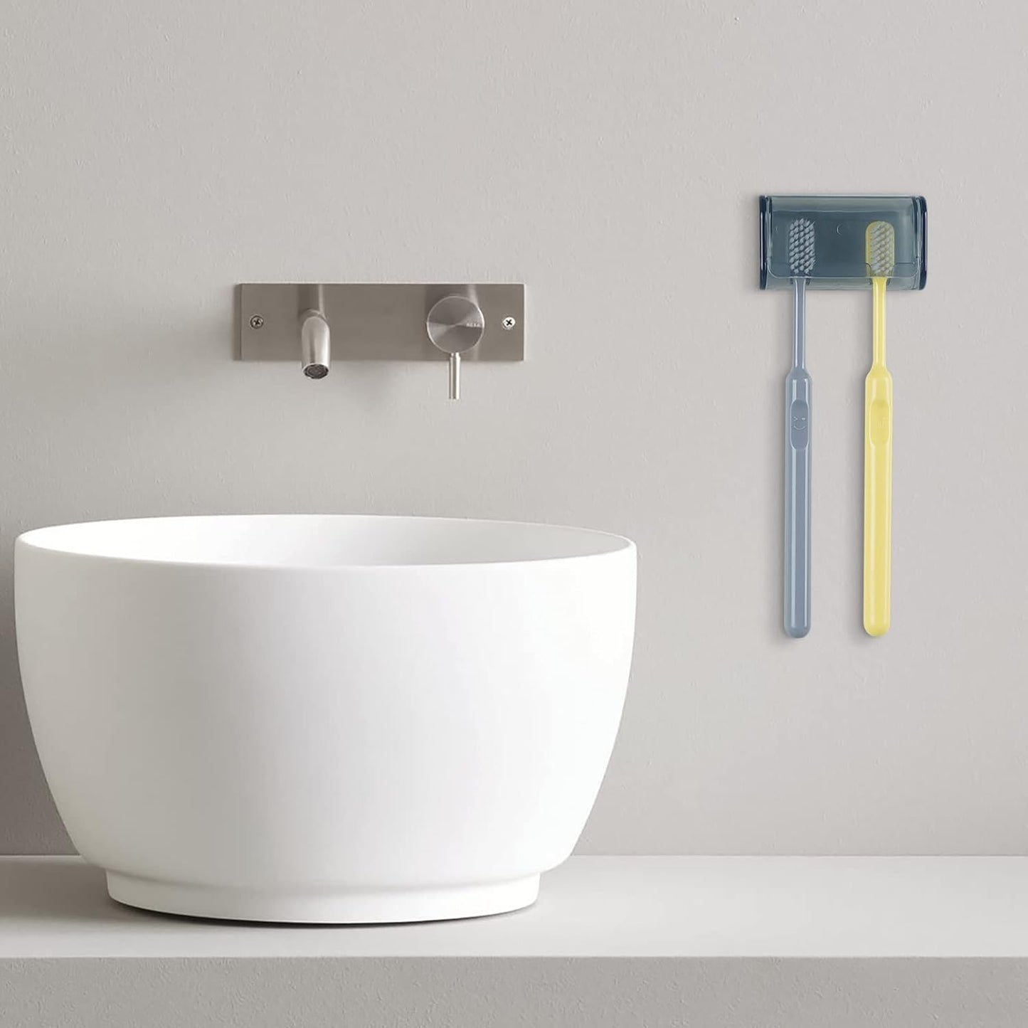 2 PCS Toothbrush Holder Wall Mounted with Cover for Bathroom, 2 Slots Toothbrush Storage Organizer for Shower, Self Adhesive Toothbrush Hanger Rack for Dorm, Cabinet (Grey)