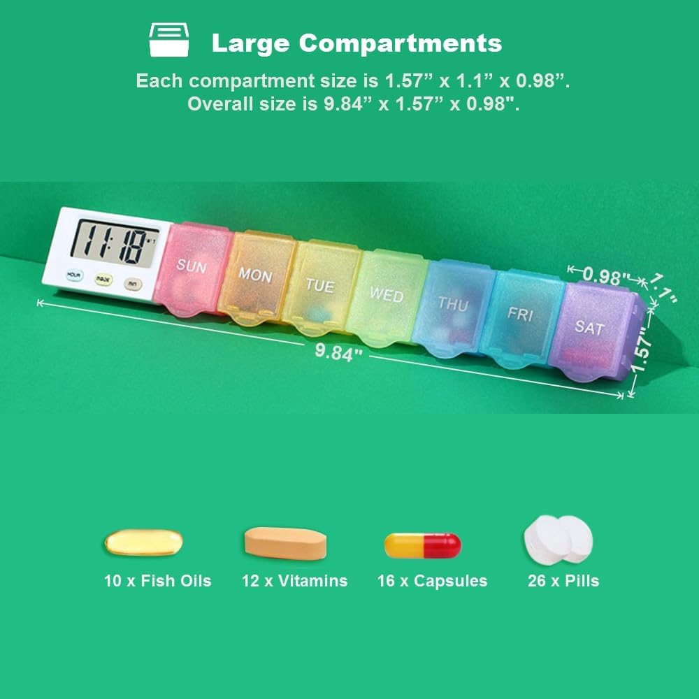 [4 in 1] 7 Day Medicine Pill Organizer+5 Reminder Alarms+Timer+Clock,Large Compartment,Loud Sound,Large Screen,Moisture-Proof,Dust-Proof,Travel Weekly/Daily Pill Box/Organizer/Case/Container/Dispenser