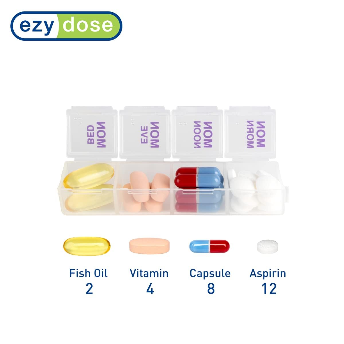 EZY DOSE Weekly (7 Day) 4 Times a Day Push Button Pill Organizer and Vitamin Planner, Removable Daily Pillboxes, Purple, Clear Lids, Small