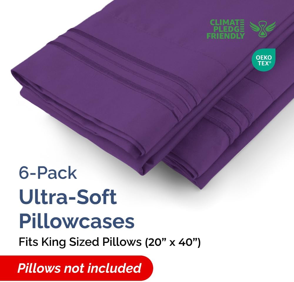 King Pillow Cases Set of 6 - Ultra Soft Hotel Quality Pillowcase Covers - Comfy & Wrinkle Free - Shrink, Stain and Fade Resistant - Easy-Care, Machine Washable Pillow Protectors - 6 Piece Set - Purple