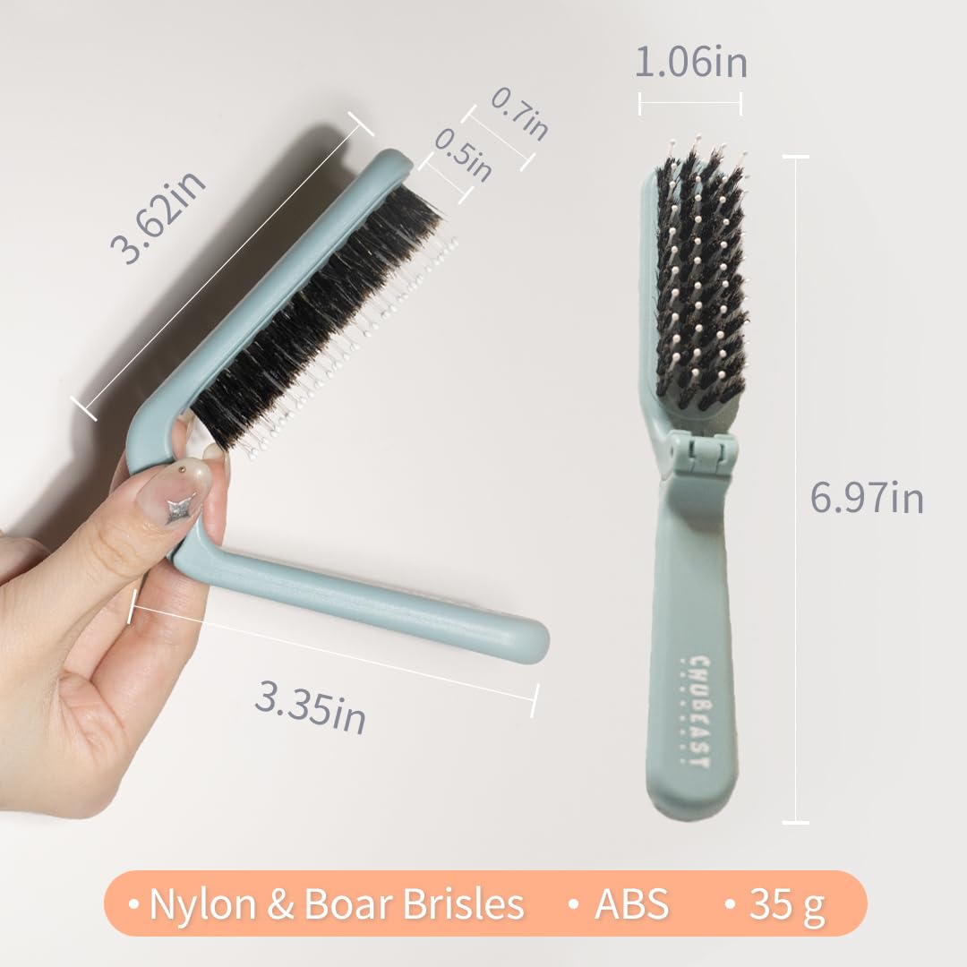 Uffy MiniPop Travel Hair Brush – Mini Folding Boar Bristles for Women, Men & Kids | Kid-Friendly Portable Purse Brush for Wet & Dry Hair, Curly or Straight | Pocket-Size Detangler – Mint Green